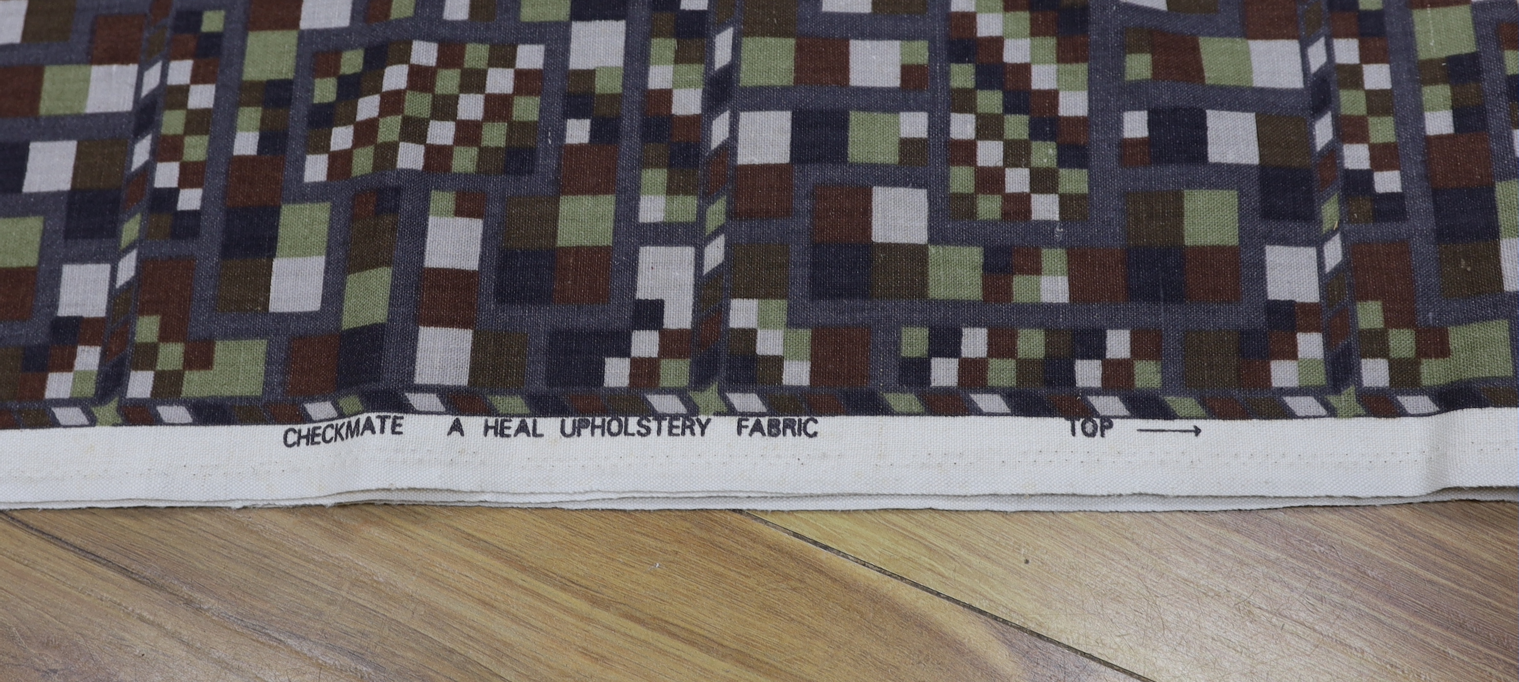 A length of Heals ‘Checkmate’ printed vintage 1970's upholstery fabric, 148cm wide x 316cm long